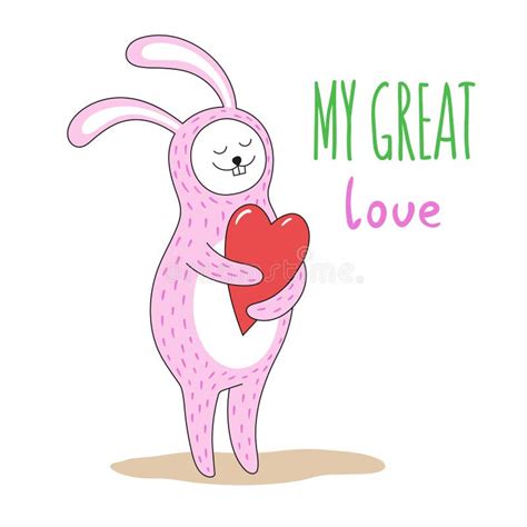 leuk roze konijn met een groot rood hart  zijn poten met de hand geschreven inschrijving mijn