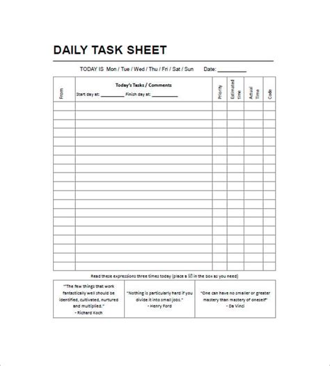 daily task worksheet template