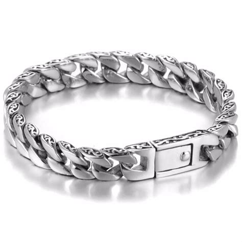 mens heavy bracelet curb cuban link silver color  stainless steel wristband buckle male