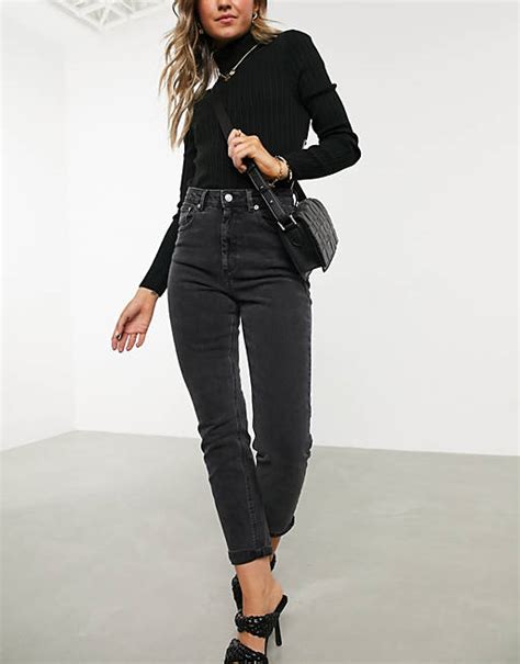 asos design high rise farleigh slim fit mom jeans  washed black asos