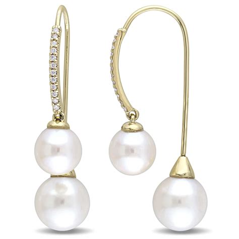 Round Pearl And Diamond Dangling Earrings 14k Yellow Gold 0 14ct De617