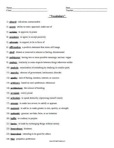 vocabulary list  printable