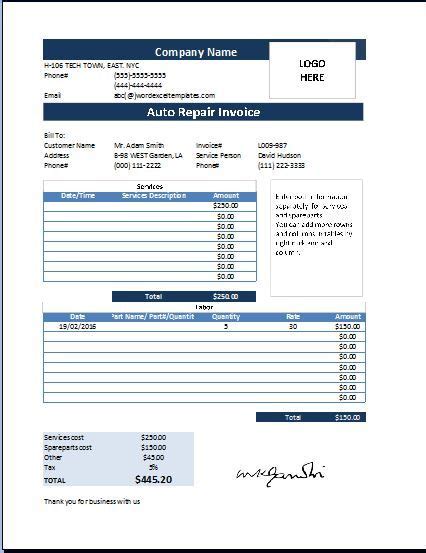 auto repair invoice templates   docs xlsx  sign