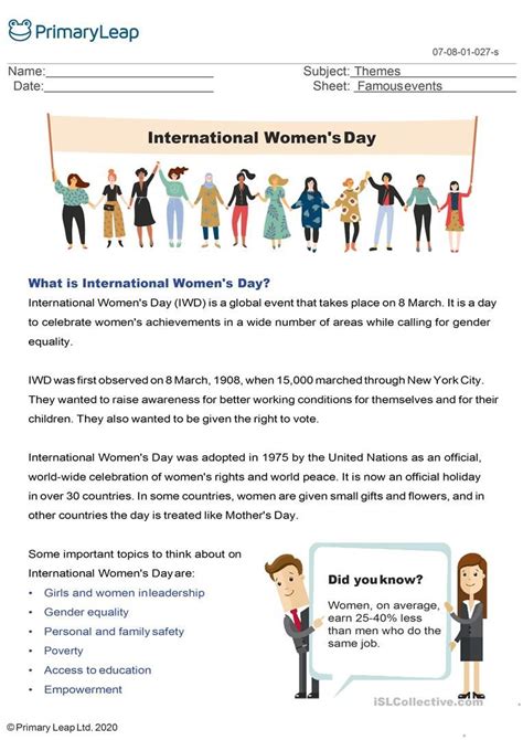 International Women S Day Fact Sheet English Esl Worksheets