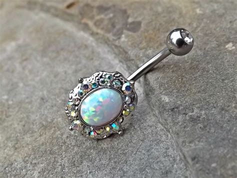 Sparkly Fire Opal White Belly Button Silver Navel Ring Body Jewelry