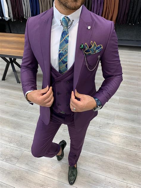purple slim fit wool suit slim fit peak lapel  button suit men suits wedding suit