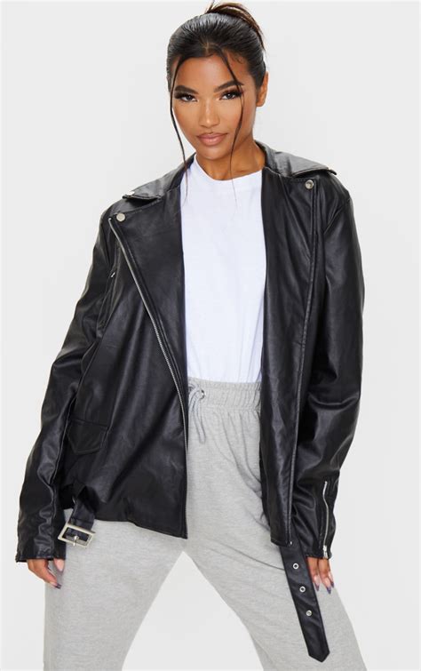 black faux leather oversized biker jacket prettylittlething usa