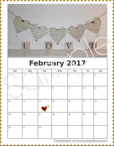 february calendar  printable love  simple home