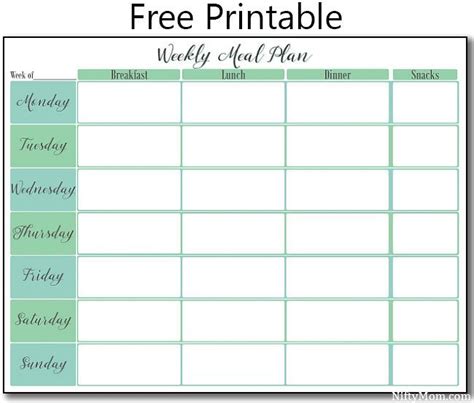 printable weekly meal plan  printable monthly meal