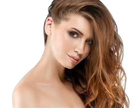 beautiful woman brunette red lips long hair healthy beauty skin stock