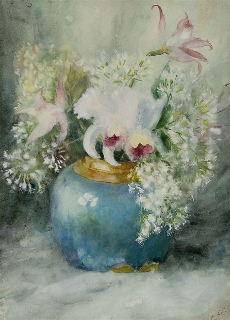 caro van limburg stirum watercolours  drawings prev  sale flowers   blue vase