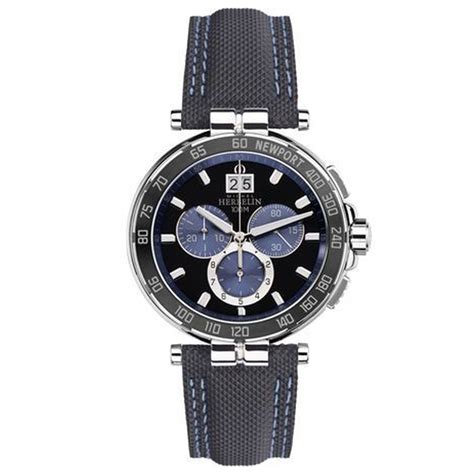 michel herbelin montre chrono en acier avec bracelet en cuir bleu de