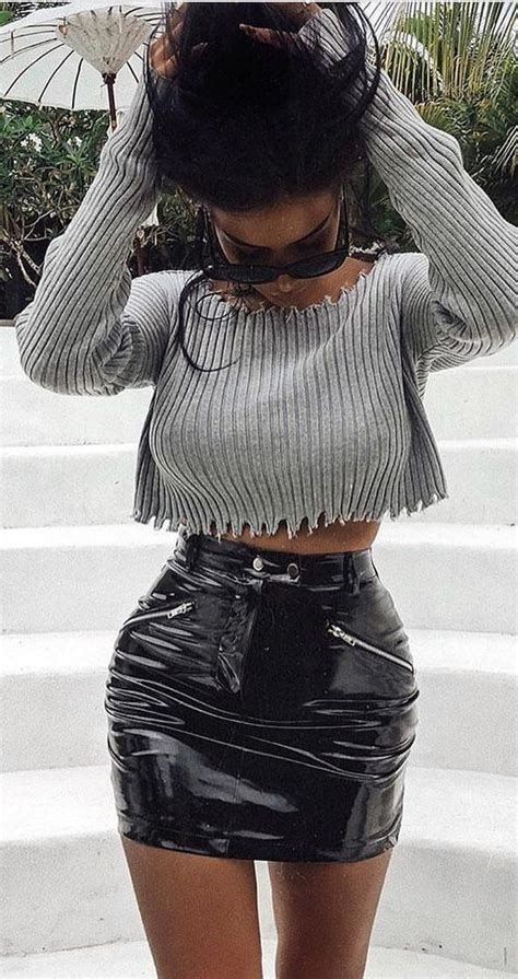 winter outfits gray long sleeved crop top  black mini skirt outfit black mini skirt mini