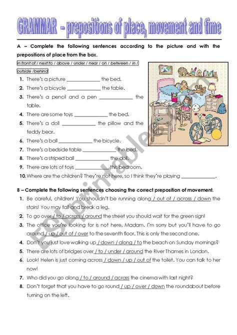 prepositions time place  movement esl worksheet  elizabetealmeida