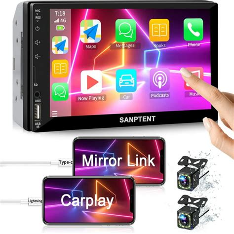 sanptent double din car stereo radio audio receiver compatible  apple carplay android auto