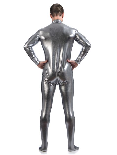 gray adults bodysuit cosplay jumpsuit shiny metallic catsuit for men