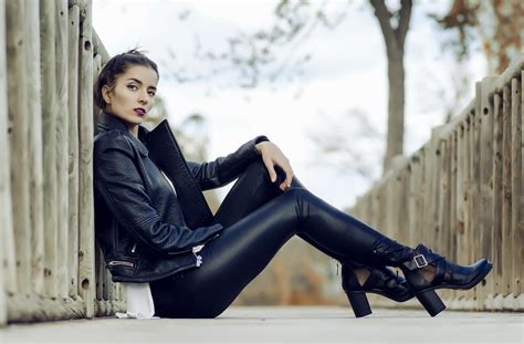 women model looking at viewer urban high heels leather leather jackets