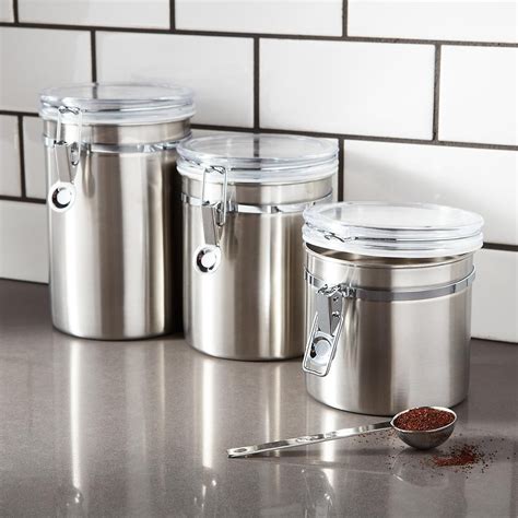 Set Of Brushed Stainless Steel Canisters Glass Food Storage Glass