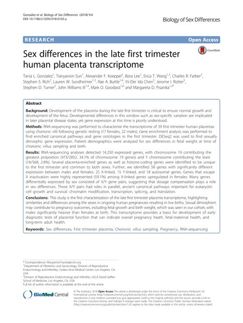Pdf Sex Differences In The Late First Trimester Human Placenta