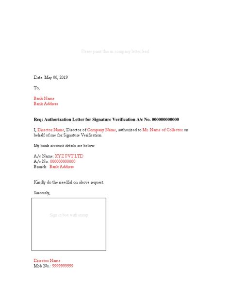 authorization letter  signature verification  written