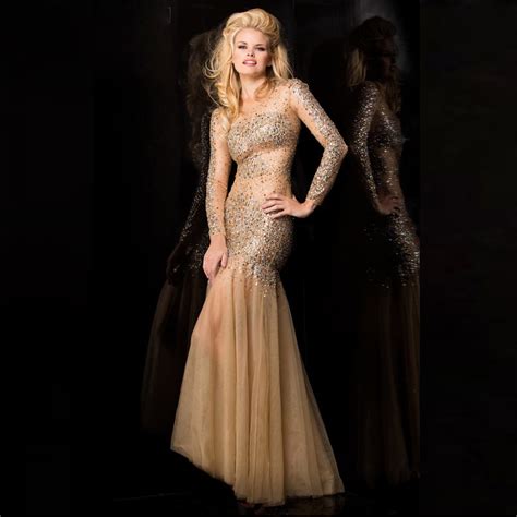 Luxurious Crystal And Rhinestone Mermaid Evening Dresses Champagne Long