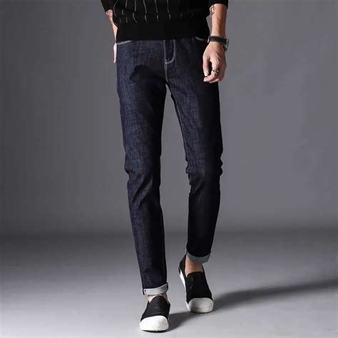 mens slim fit dark blue jeans solid original deep color denim pants