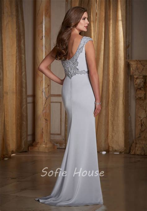 Sexy V Neck Open Back Cap Sleeve Silver Silk Satin Beaded