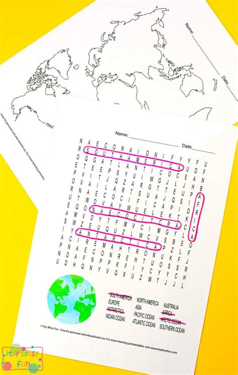 continents  oceans worksheet printable