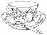 Tea Drawing Spoon Cup Coloring Teacup Pages Cups Book Saucer Outline Colouring Teacups Embroidery Sketch Fancy Tattoo Drawings Vorlagen Drucke sketch template