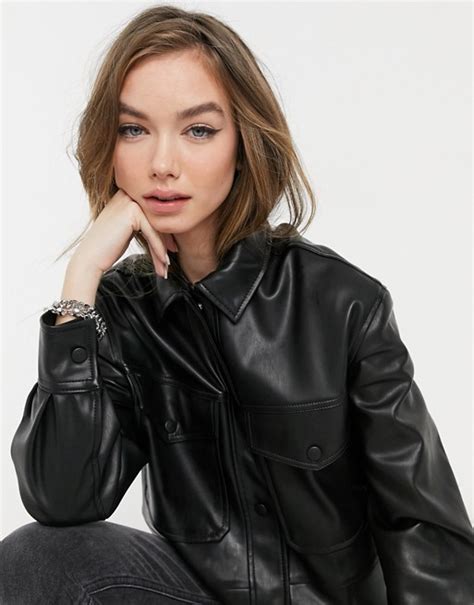 bershka faux leather overshirt shacket  black asos