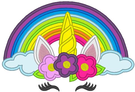 rainbow unicorn head  flowers crown applique machine embroidery