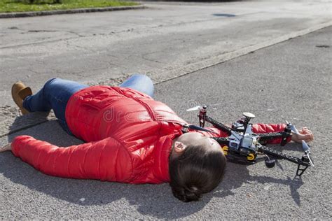drone quadcopter accident scene  city stock photo image  fall lying