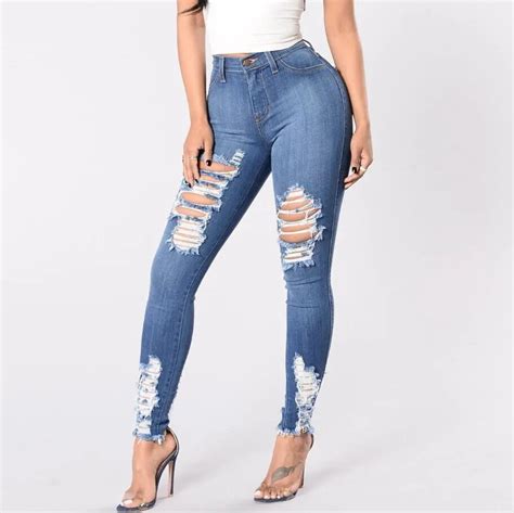 2018 spring women elastic skinny torn jeans high waist sexy hole torn