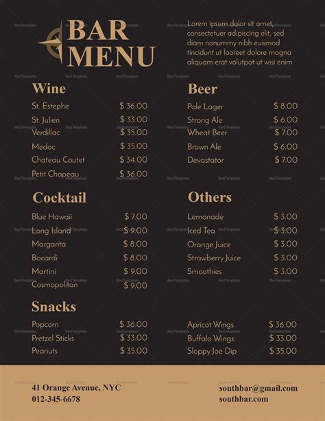 bar food menu template