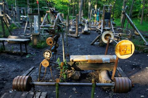 russian bodybuilders create outdoor gym using junk from the scrapyard