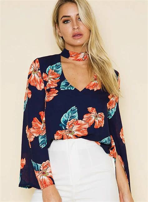 fashion floral printed long sleeve halter  neck women blouse  zip stylesimocom