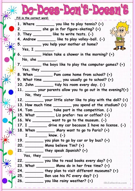 do does don t doesn t english esl worksheets for