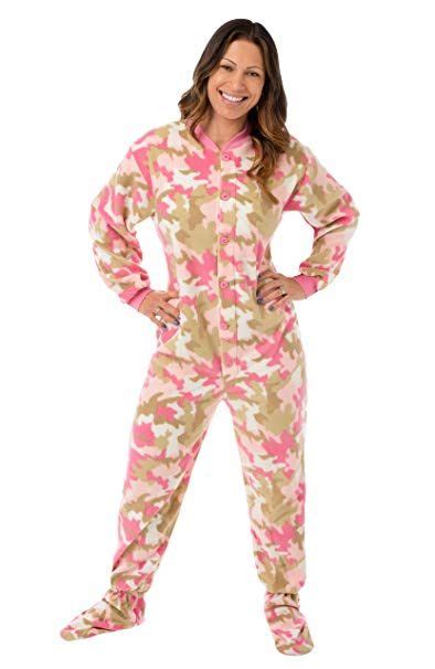 Pink Camouflage Fleece Women S Footed Onesie Pajamas With Drop Seat At
