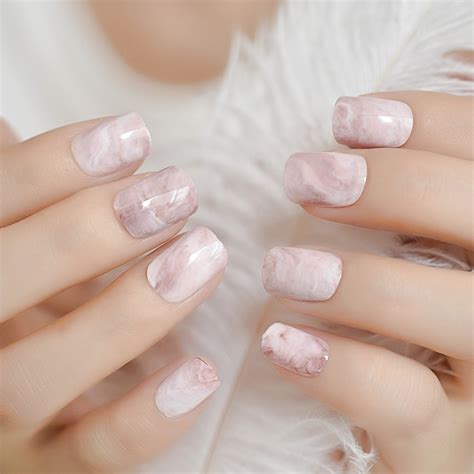 light pink marble shiny nail tips kit short square oval popular fake nails mirror full cover