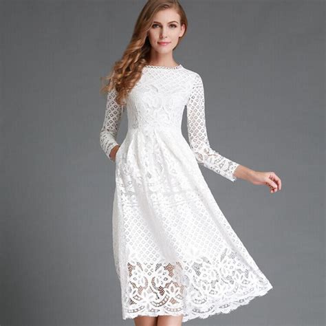 2017 New Spring Summer Women Long White Lace Dress Elegant