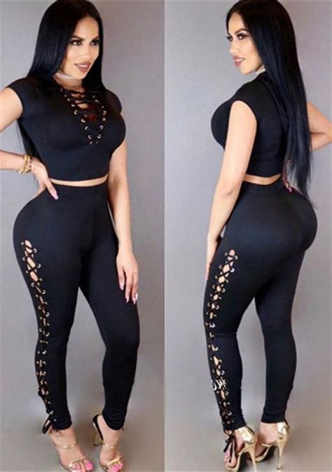 sexy two piece hollow out tie bodycon women leggings suit
