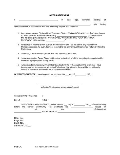 printable sworn statement form printable forms