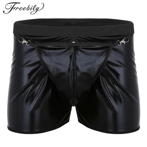 Mens Wetlook Faux Leather Gay Men Sex Underwear Crotchless Erotic Boxer