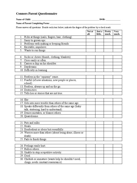 printable conners rating scale  teachers printable templates