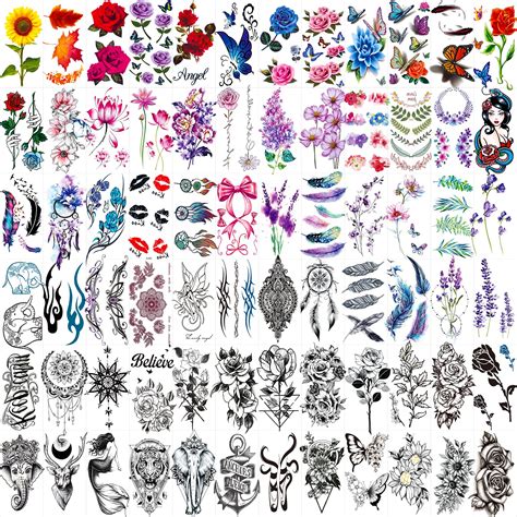 buy 72 sheets temporary tattoos for women and girls flower tattoo