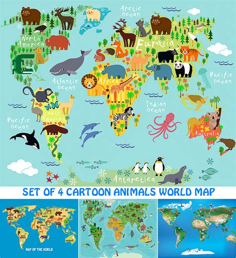 cartoon animals world map set vector