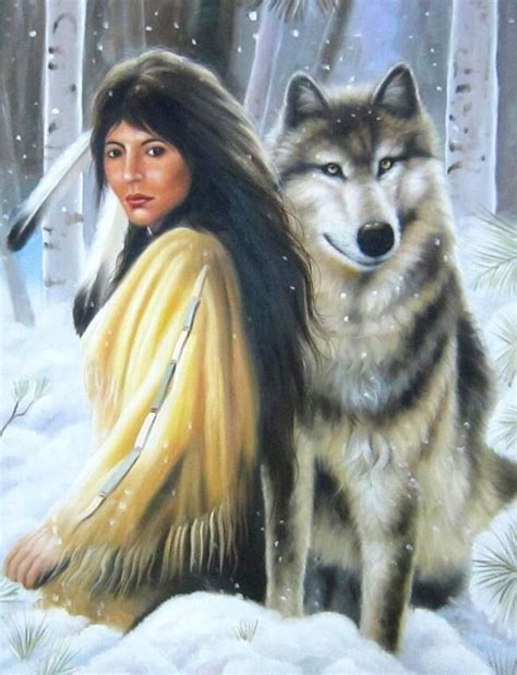 American Western Art Indian Natives Woman With Wolf Art Painting On