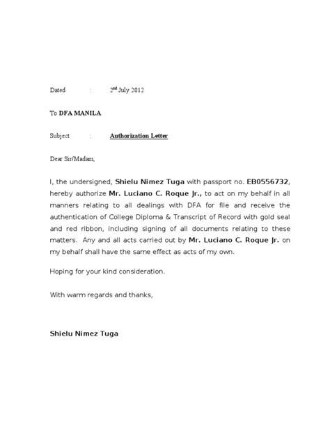 authorization letter dfa document