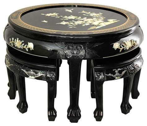 black lacquer mother  pearl  coffee table   stools