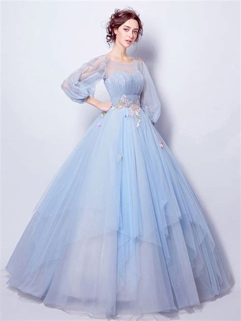 Ball Gown Scoop Neck Long Sleeve Light Blue Tulle Wedding